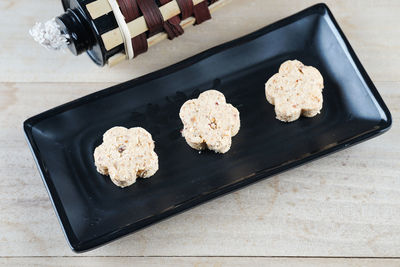 High angle view of cookies on table