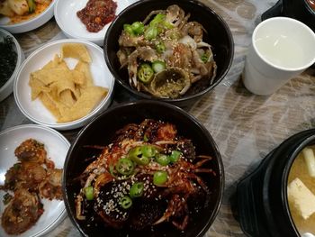 High angle view of food served on table