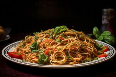 Close-up of noodles in plate on table