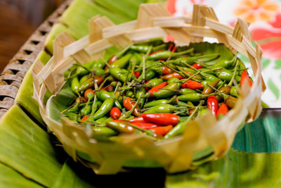 High angle view of chopped vegetables in basket