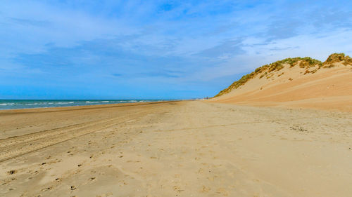 Scenic view of beach against blue sky