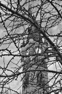 Low angle view of trees and building against sky