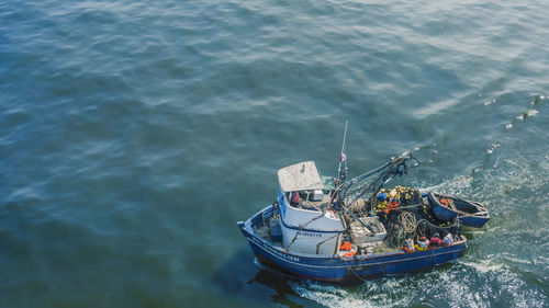High angle view of fishing boat in sea