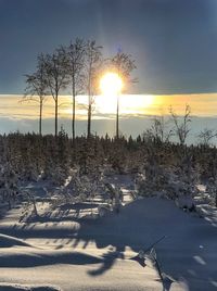 Scenic view of snow field against sky during sunset