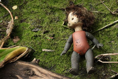 High angle view of abandoned doll on moss covered field