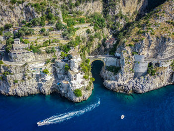 Aerial view of the fiordo di furore beach, amalfi coast