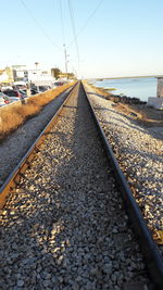 Surface level of railroad tracks against clear sky