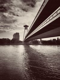 Bridge over river against cloudy sky