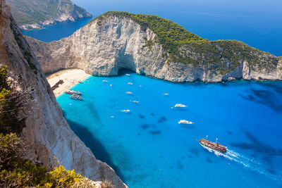 High angle view of sailboat in sea