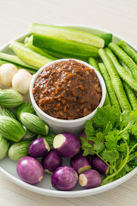 High angle view of vegetables in bowl on table