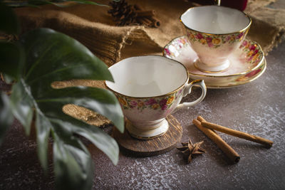 Close-up of tea cup on table