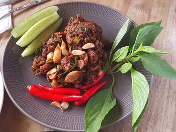 High angle view of food in plate on table