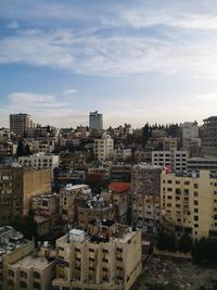 High angle view of buildings against sky