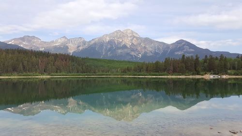 Reflection of trees and mountains in river against sky