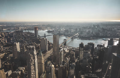 High angle view of city buildings against sky