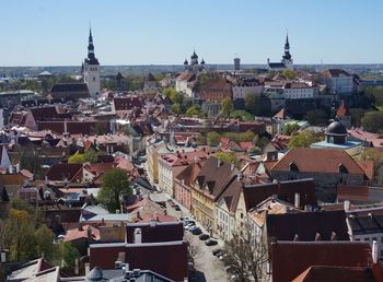 High angle view of townscape against clear sky