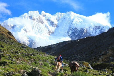 Rear view of man riding horse against snowcapped mountain