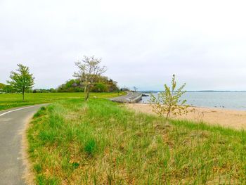 Scenic view of road by sea against sky