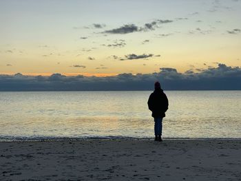 Rear view of man standing on beach during sunset