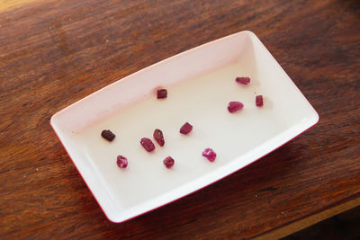 High angle view of dessert in plate on table