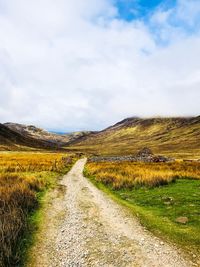 Dirt road amidst field against sky