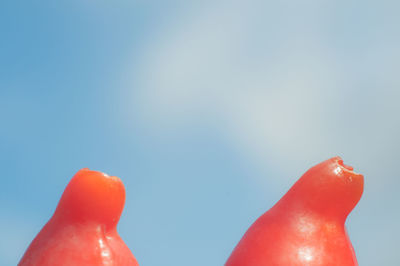 Close-up of red bell against blue background