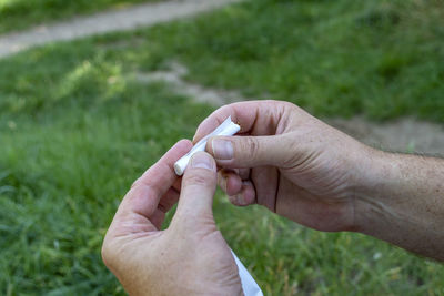 Cropped image of man hand holding grass on field