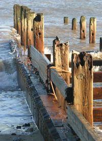 Wooden posts on pier over sea