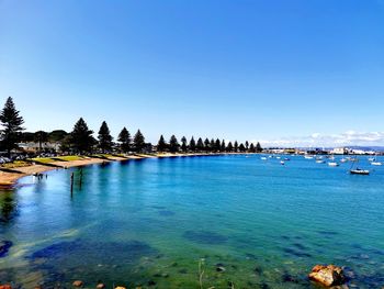 Scenic view of sea against clear blue sky