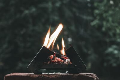 Close-up of burning fire on wood