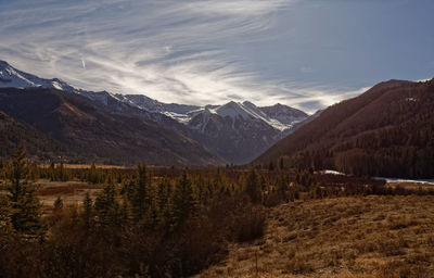 Scenic view of snowcapped mountains against sky