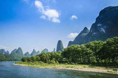 Scenic view of river by trees against sky