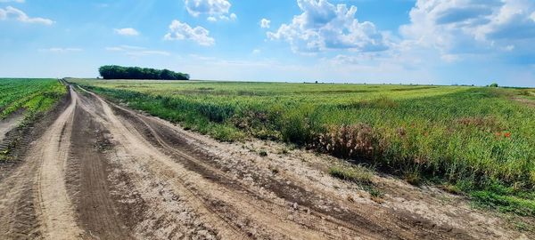 Dirt road amidst field against sky