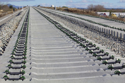 High angle view of railroad tracks in farm