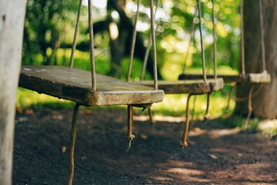 Close-up of swing against trees