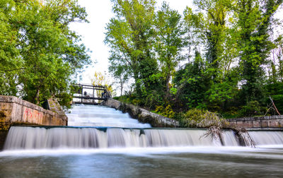 Scenic view of waterfall by river against trees