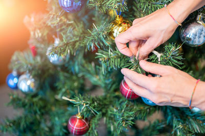 Cropped hand of woman decorating christmas tree