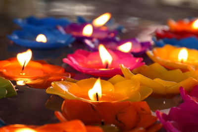 Close-up of lit candles in temple against building