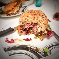 Close-up of burger in plate on table