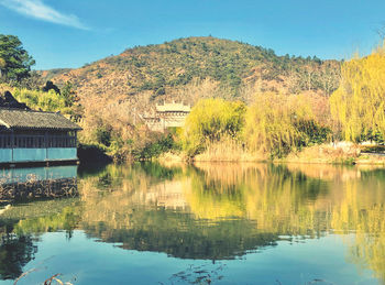 Scenic view of lake by buildings against sky
