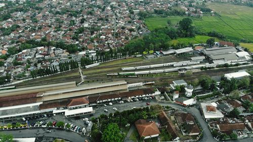 High angle view of street amidst buildings in city