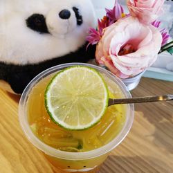 High angle view of drink on table