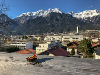 View of townscape on mountain against sky