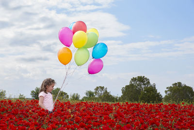 Low angle view of multi colored balloons against sky