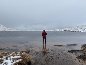 Rear view of man standing on snow covered land