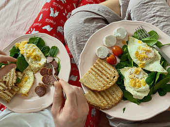 High angle view of breakfast served in plate