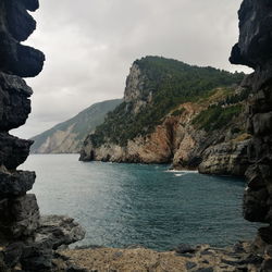 Scenic view of sea and mountains against sky