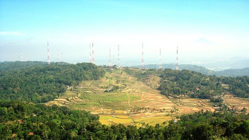 High angle view of field against sky