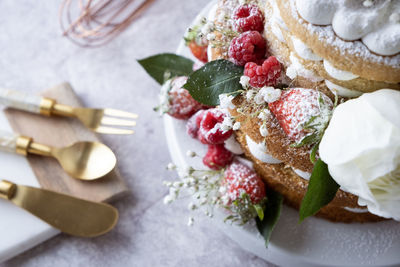 High angle view of dessert in plate on table