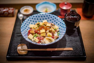 High angle view of food in plate on table
